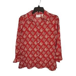 Liz Claiborne Sport Red Paisley Button Front Long Sleeve Top Women's Size Medium